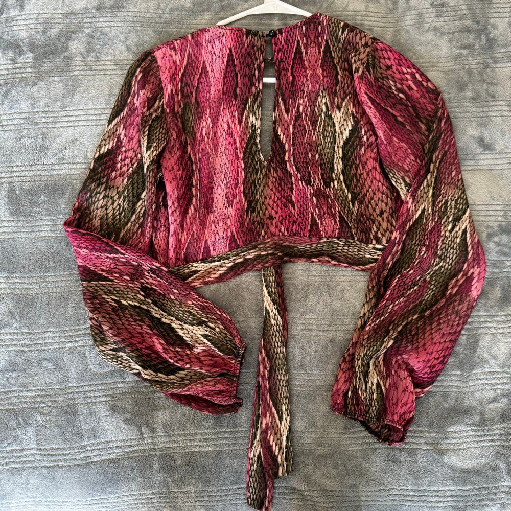 Belita Pink Brown Snake Print Key Hole Neck Front Tie Crop Top Women's Medium